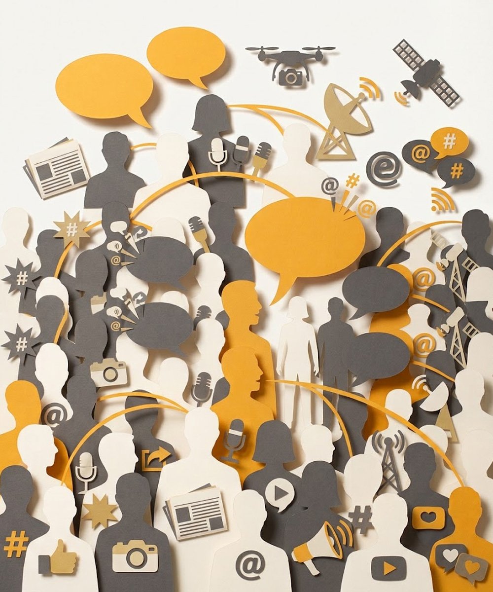 Paper cut-out crowd illustration representing communications